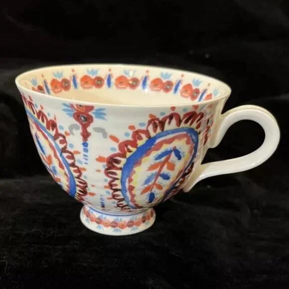 ANTHROPOLOGIE Paisley Floral Mug Pedestal Mug Red Blue Boho Style. - Picture 4 of 6